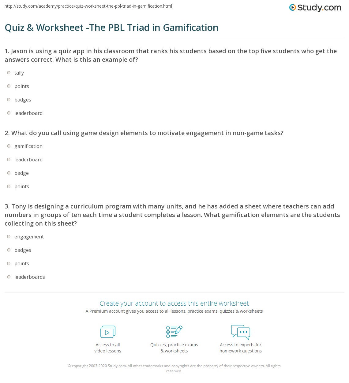 Quiz & Worksheet -The PBL Triad in Gamification | Study.com