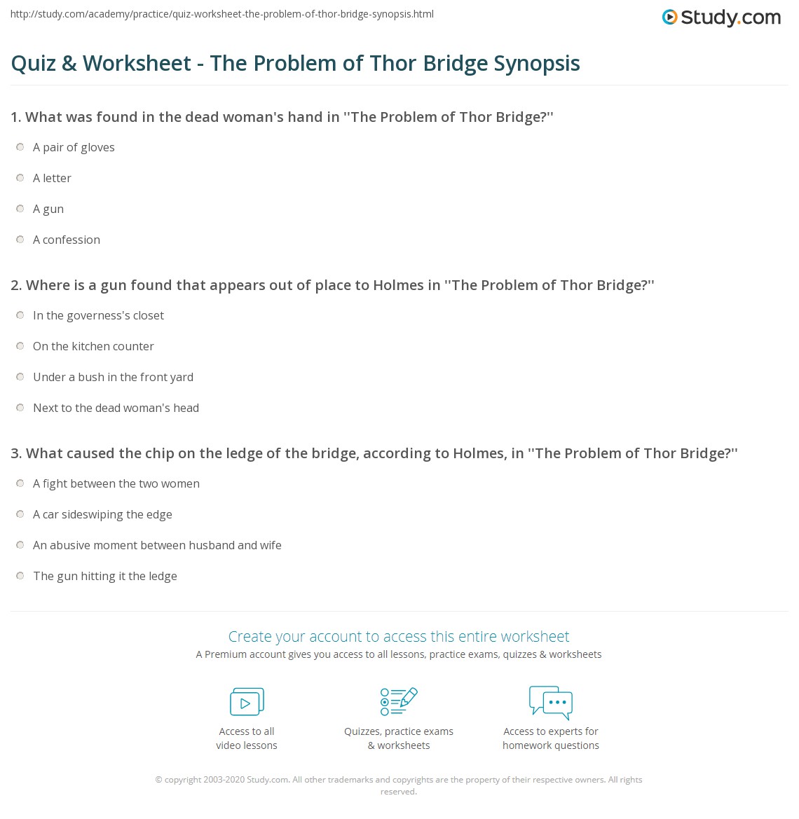 Quiz Worksheet The Problem Of Thor Bridge Synopsis Study Quiz worksheet the problem of thor bridge synopsis study