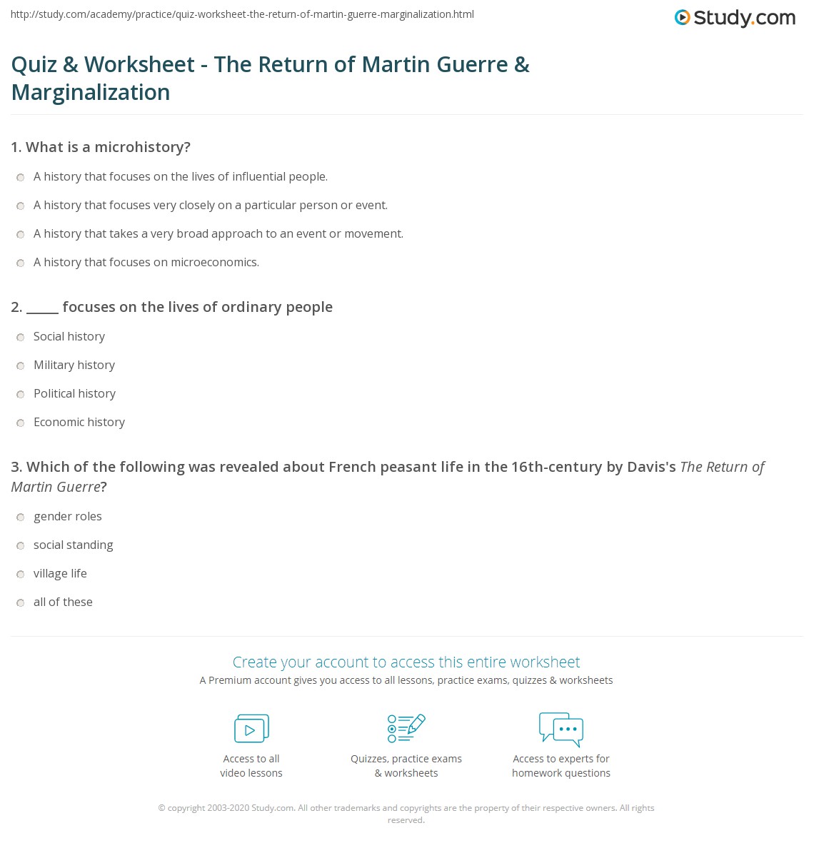 Marginalization Worksheet Quiz & Worksheet - The Return of Martin Guerre & Marginalization ...