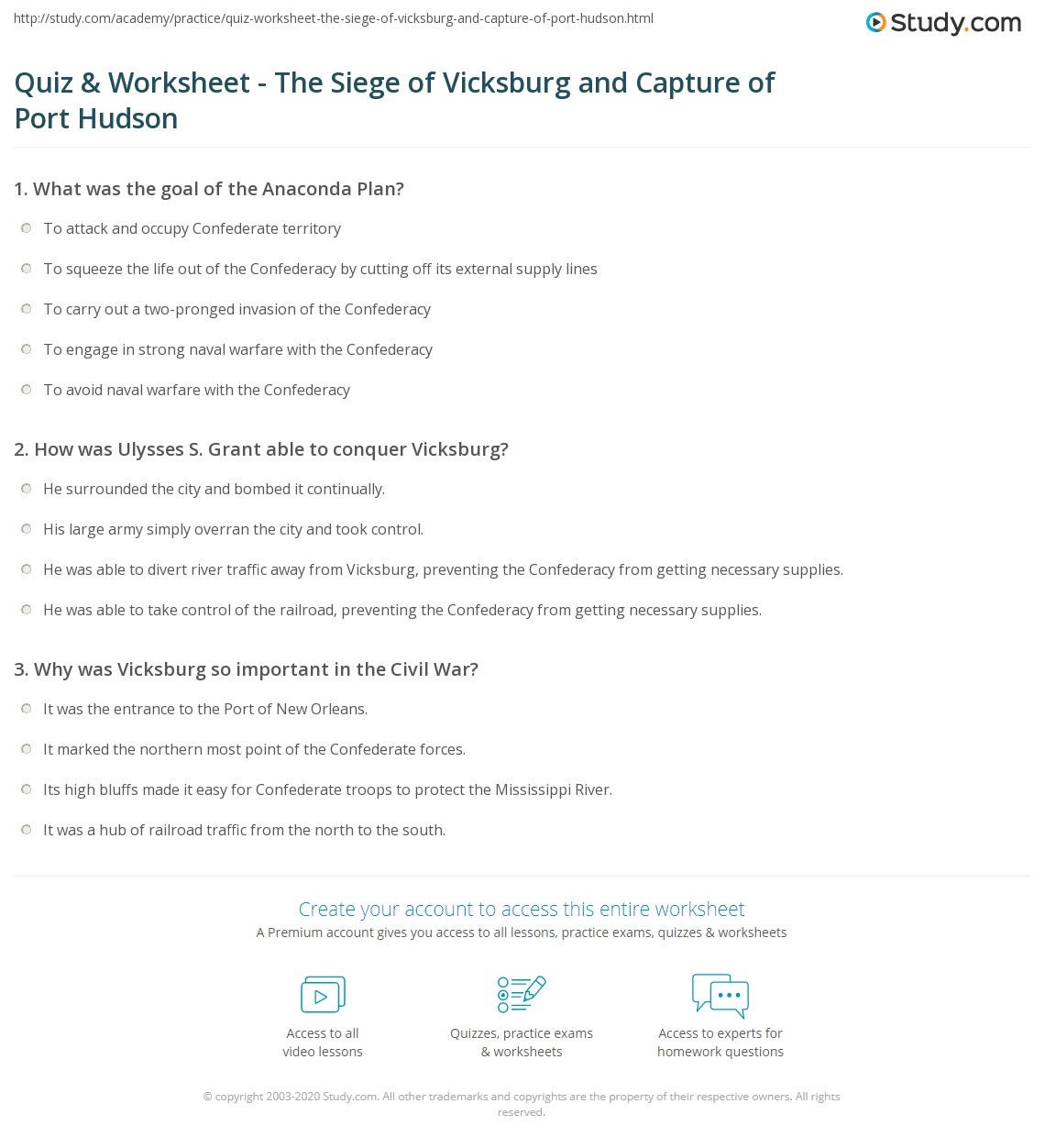 Quiz & Worksheet - The Siege of Vicksburg and Capture of Port Hudson ...