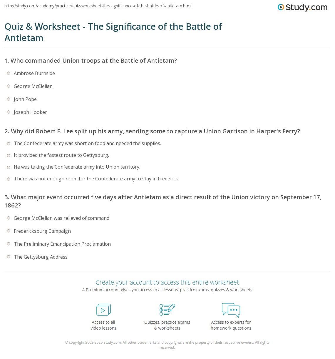 Quiz & Worksheet - The Significance of the Battle of Antietam | Study.com