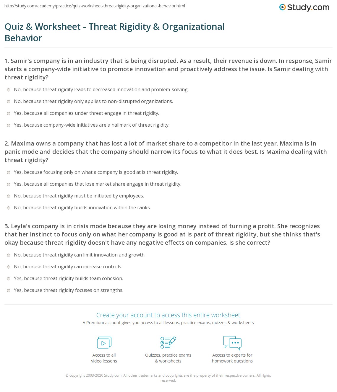 Quiz & Worksheet - Threat Rigidity & Organizational Behavior | Study.com