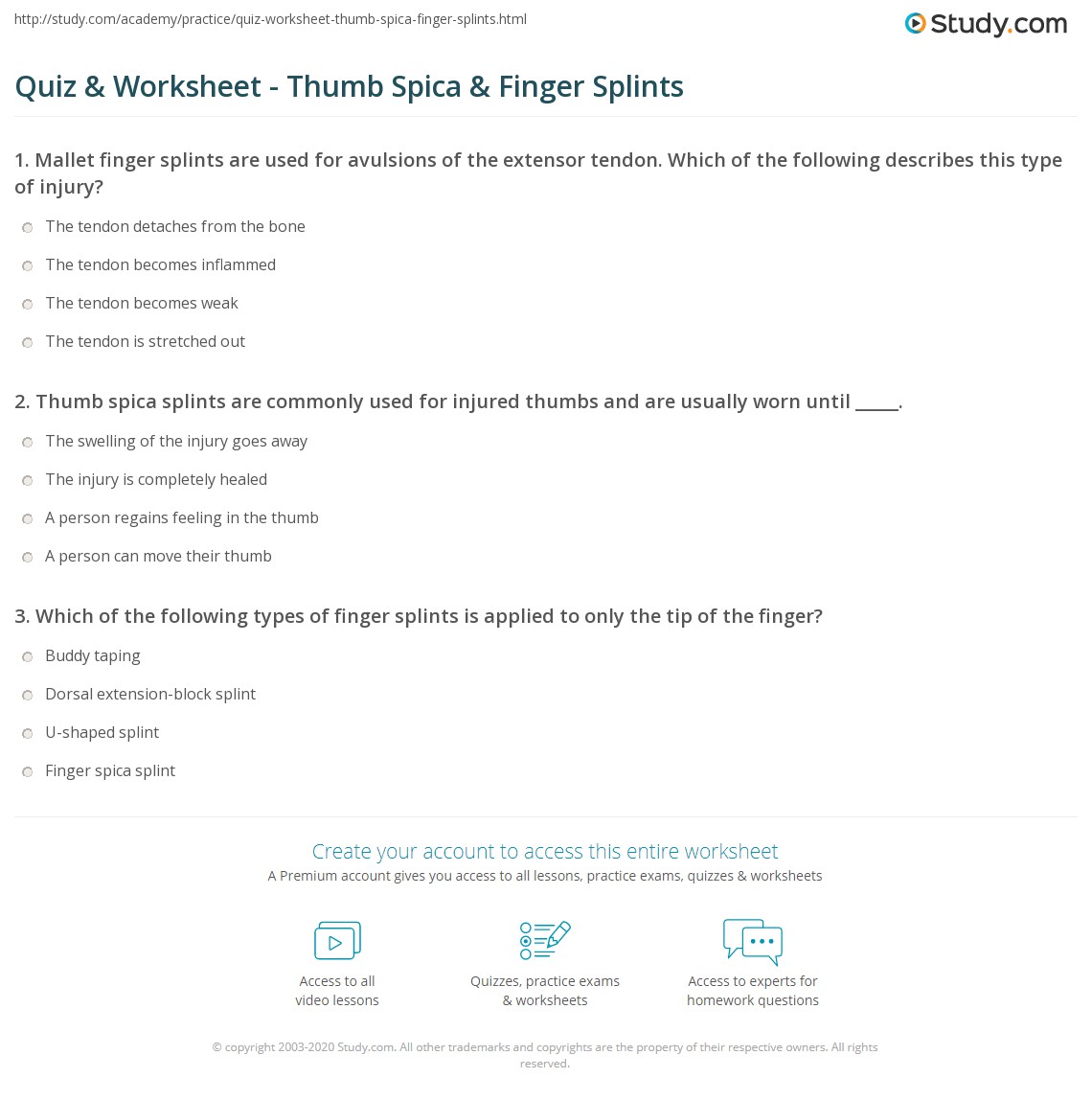 Quiz & Worksheet - Thumb Spica & Finger Splints | Study.com