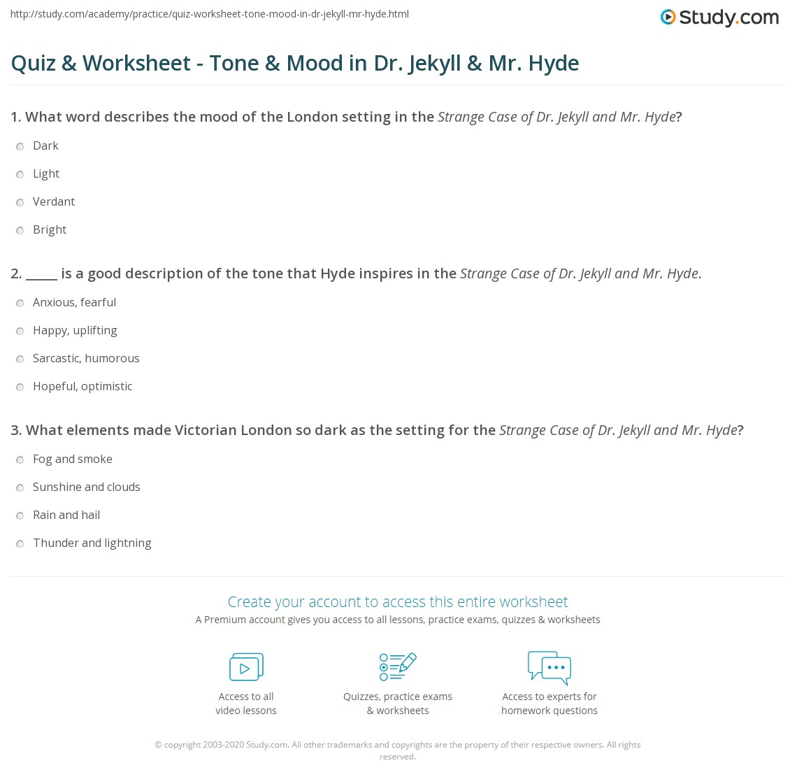 Quiz & Worksheet - Tone & Mood in Dr. Jekyll & Mr. Hyde | Study.com