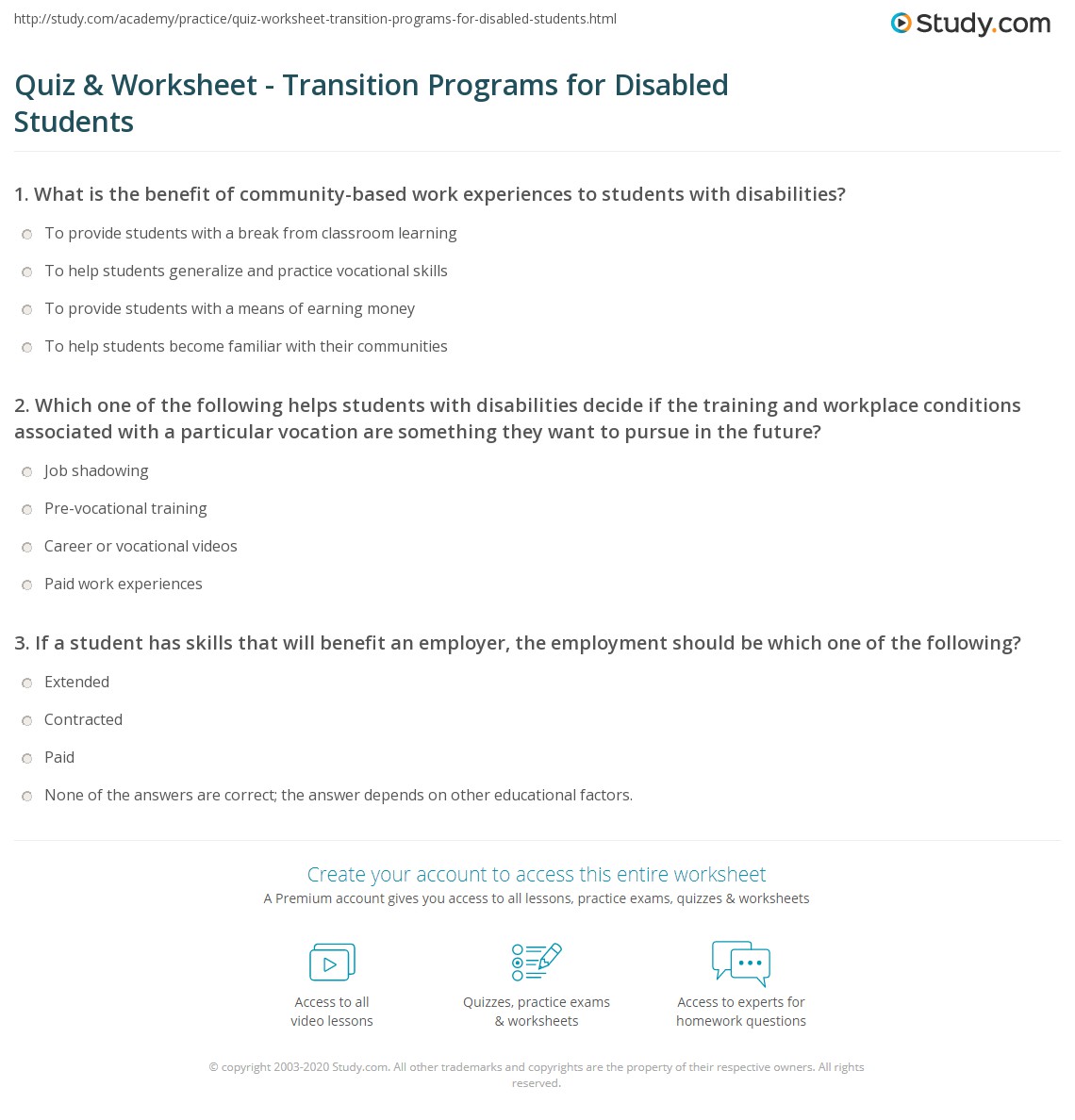 Quiz & Worksheet Transition Programs for Disabled Students