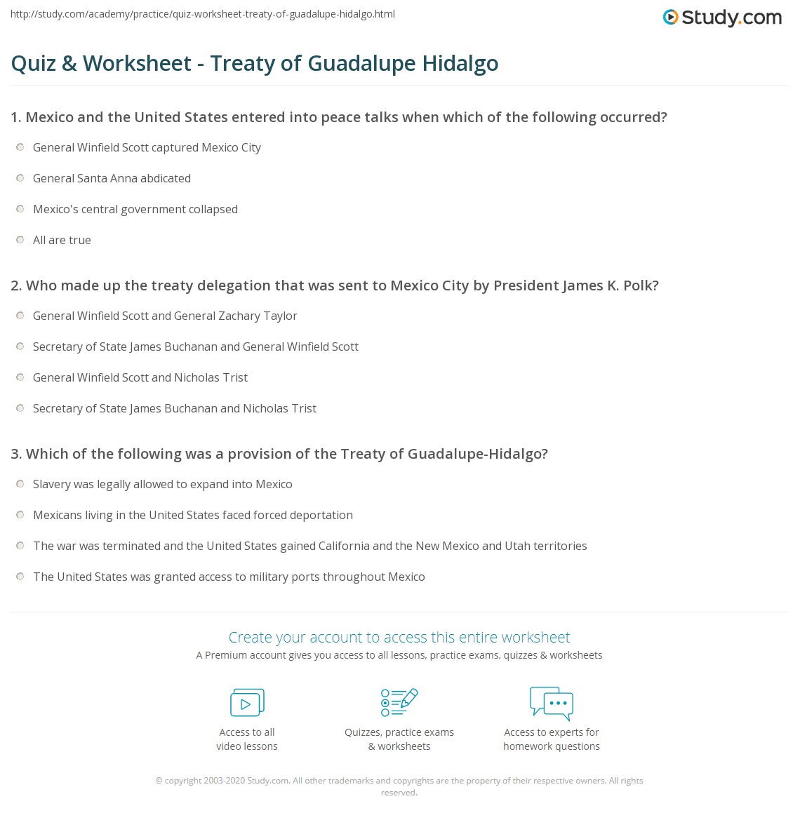 Quiz & Worksheet - Treaty of Guadalupe Hidalgo | Study.com