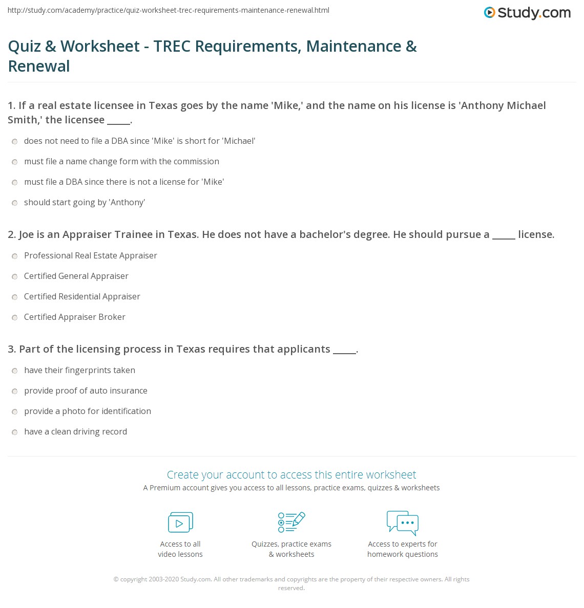 Quiz & Worksheet TREC Requirements, Maintenance & Renewal