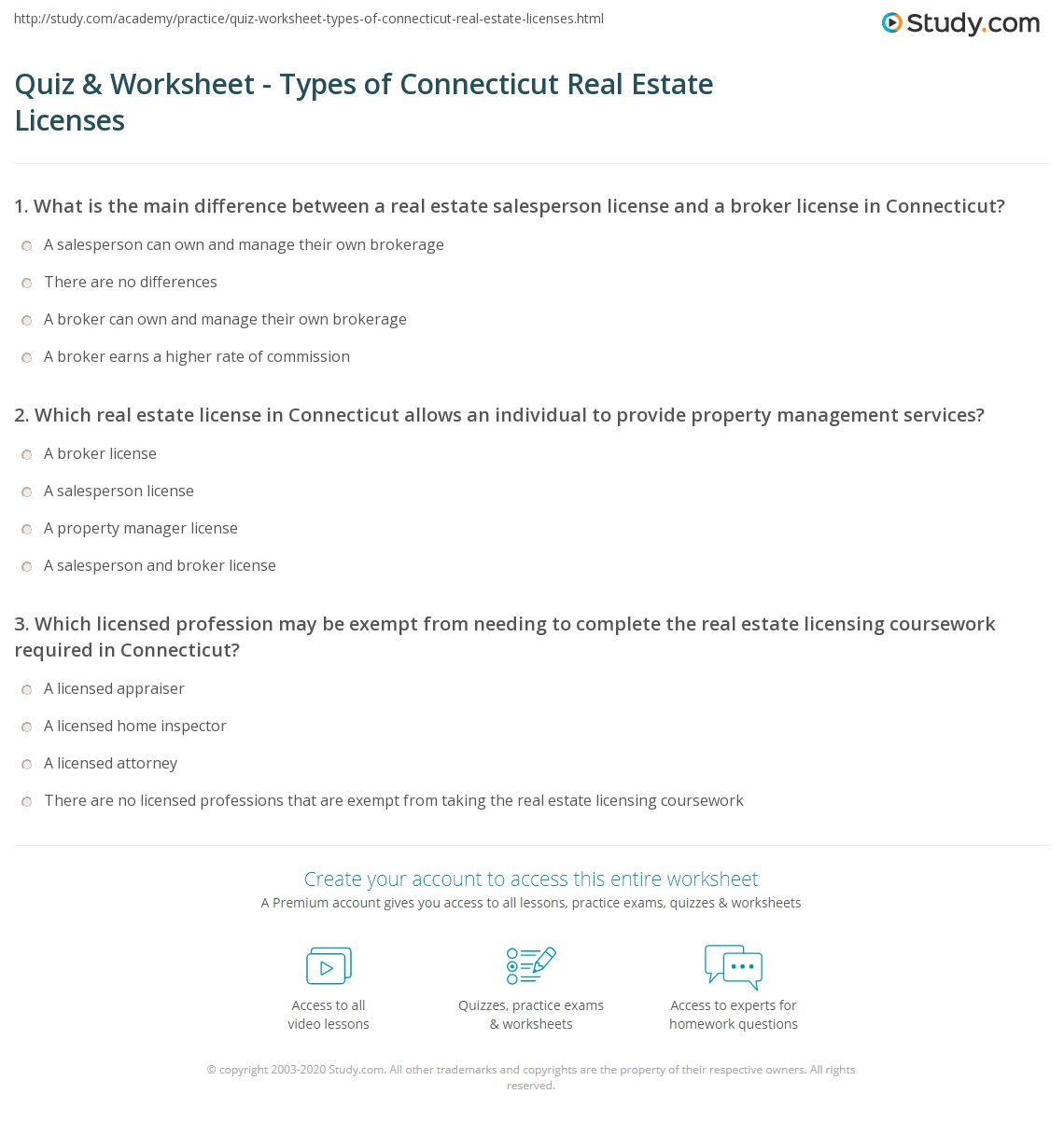 Quiz & Worksheet Types of Connecticut Real Estate Licenses