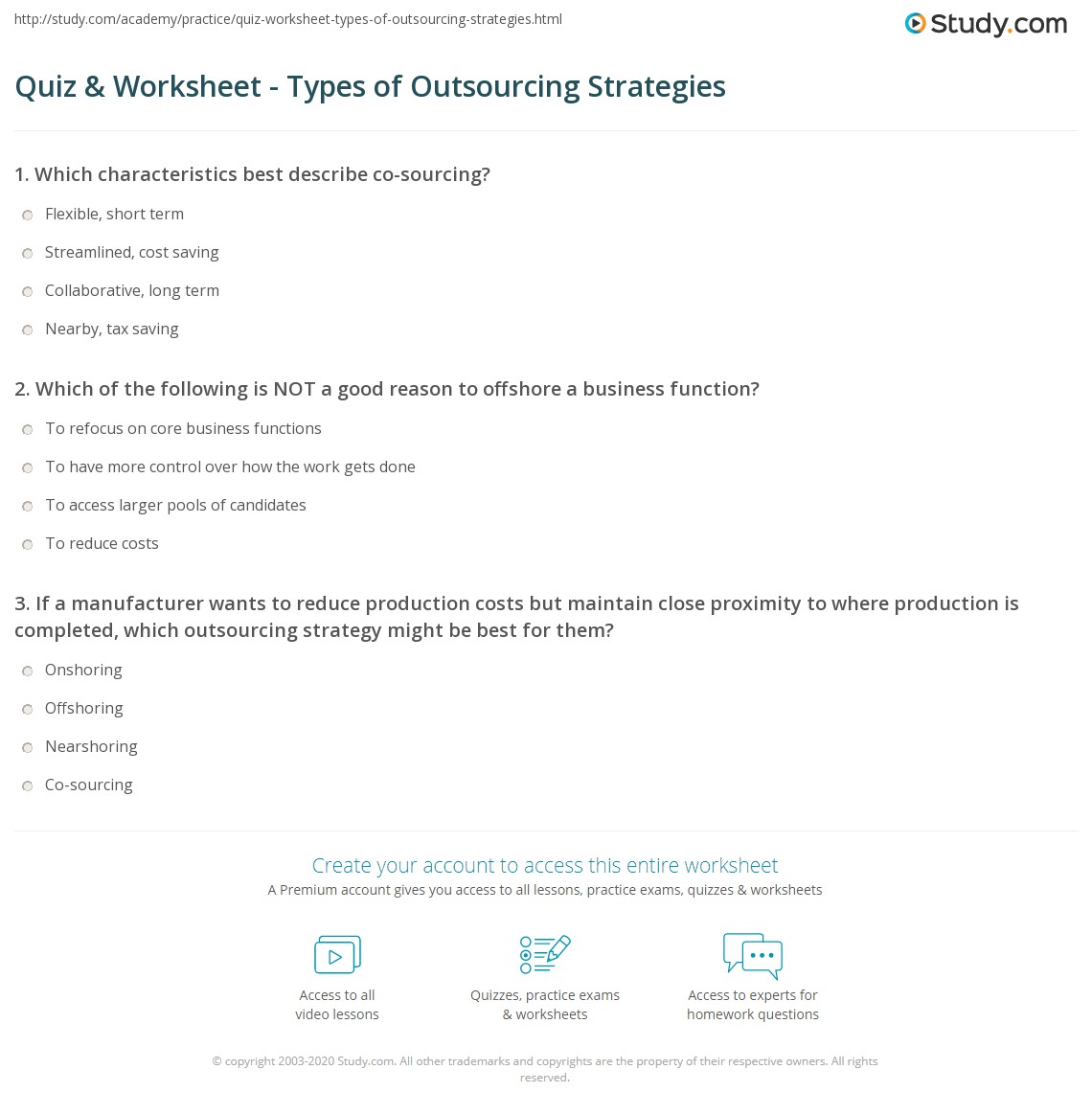 Quiz & Worksheet - Types of Outsourcing Strategies | Study.com