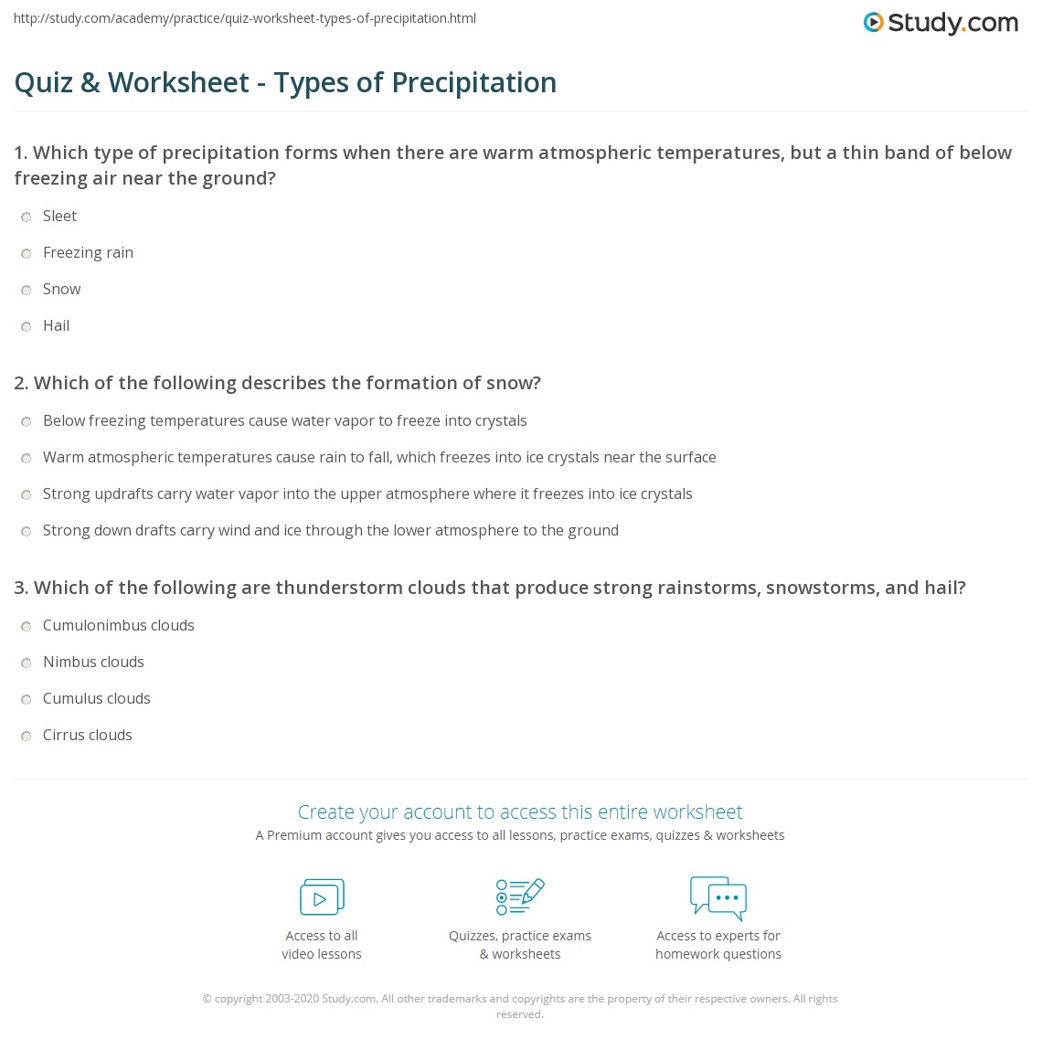 Quiz Worksheet Types Of Precipitation Study