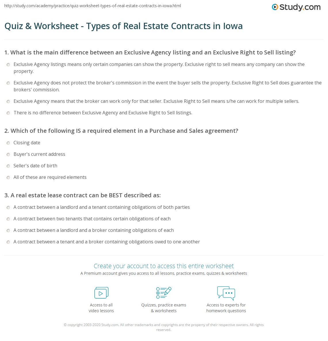 Quiz & Worksheet Types of Real Estate Contracts in Iowa