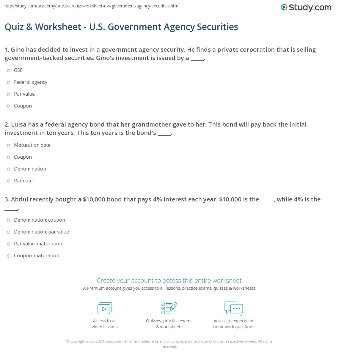 Quiz & Worksheet - U.S. Government Agency Securities | Study.com