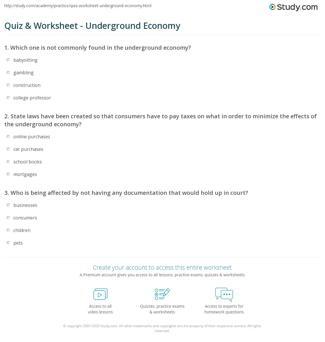 Quiz & Worksheet Underground Economy