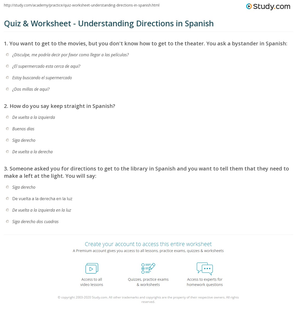 Quiz & Worksheet - Understanding Directions in Spanish | Study.com