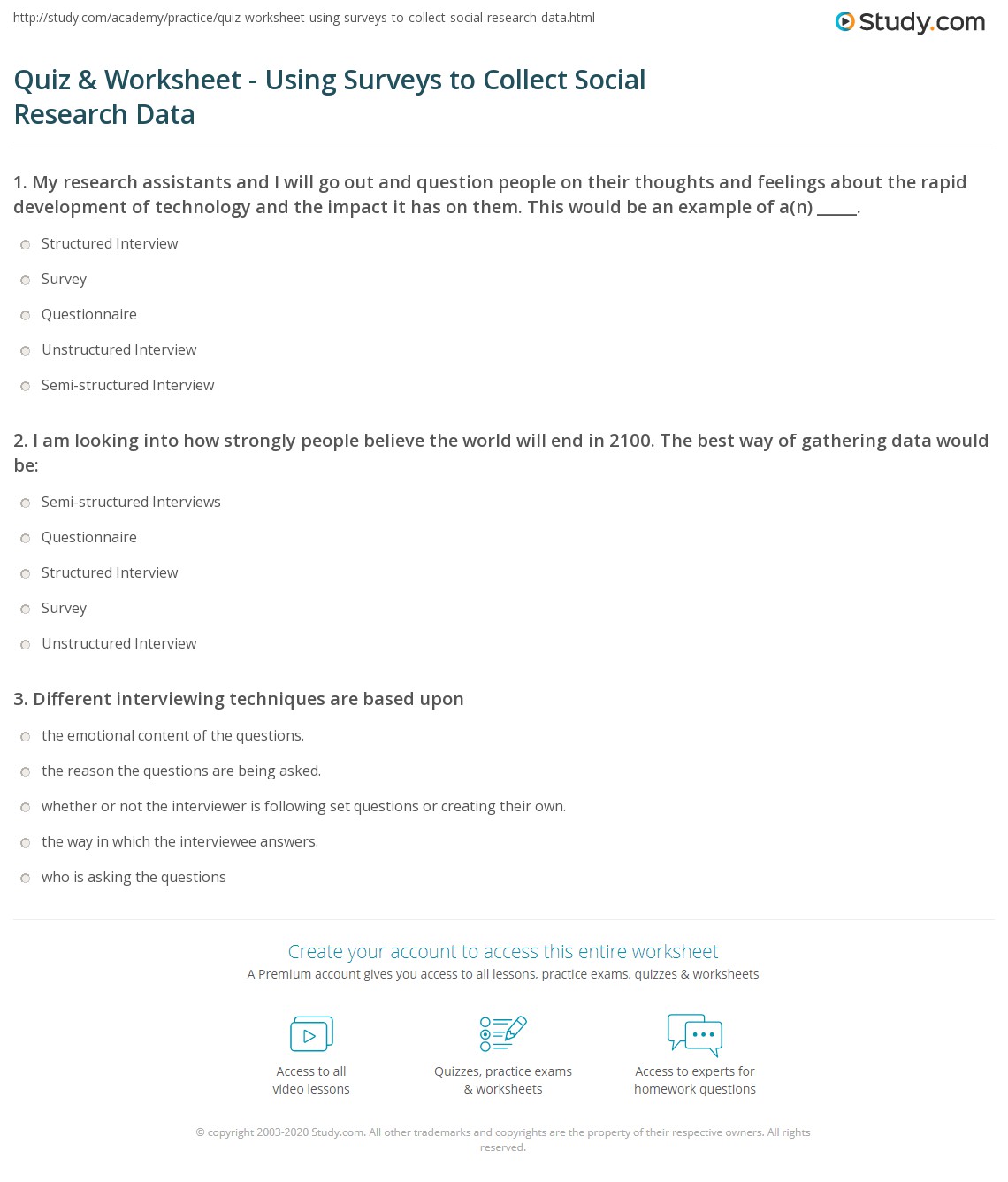 Quiz Worksheet Using Surveys To Collect Social Research - 