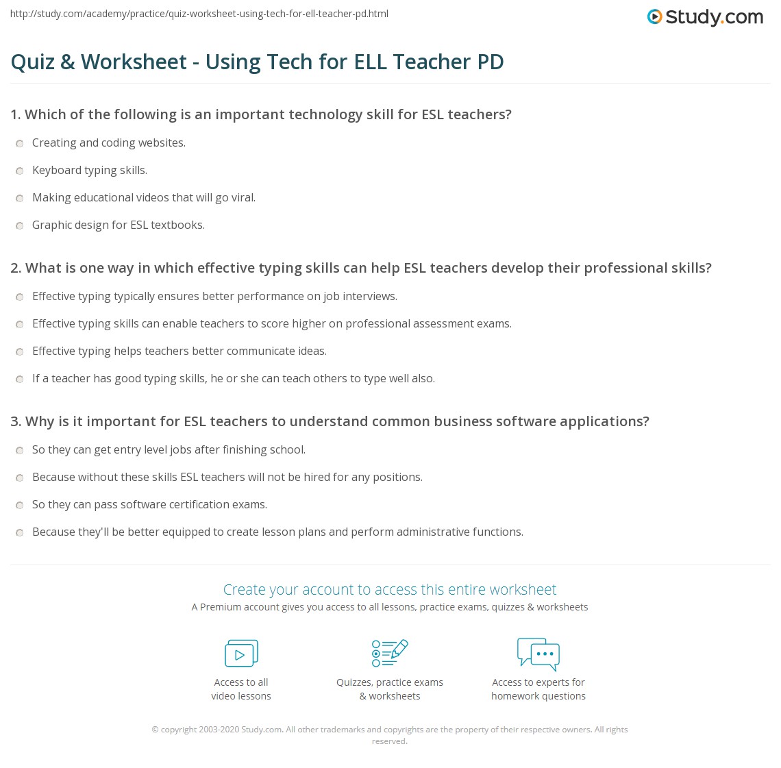 Quiz & Worksheet - Using Tech for ELL Teacher PD | Study.com