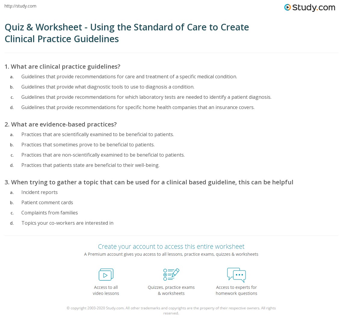 Quiz &amp; Worksheet - Using the Standard of Care to Create Clinical ...
