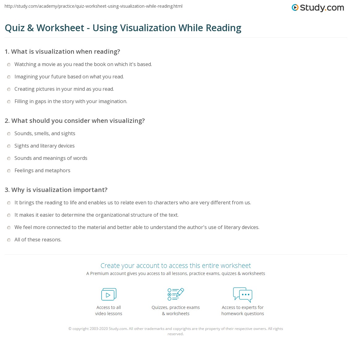 Quiz Worksheet Using Visualization While Reading Study Quiz Worksheet Using Visualization While Reading Study