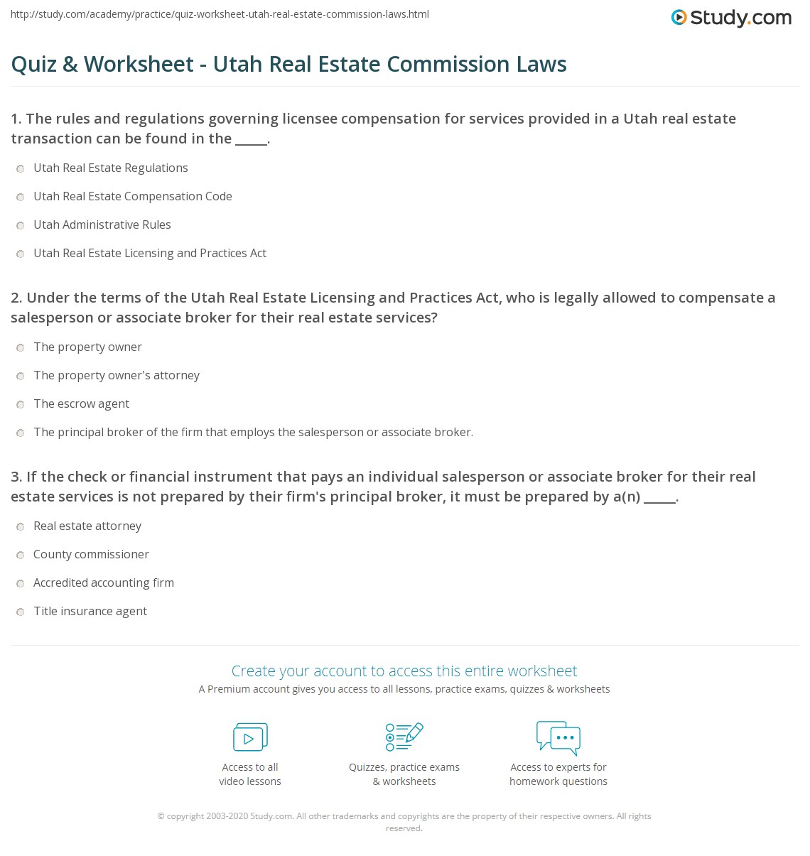 Quiz & Worksheet Utah Real Estate Commission Laws