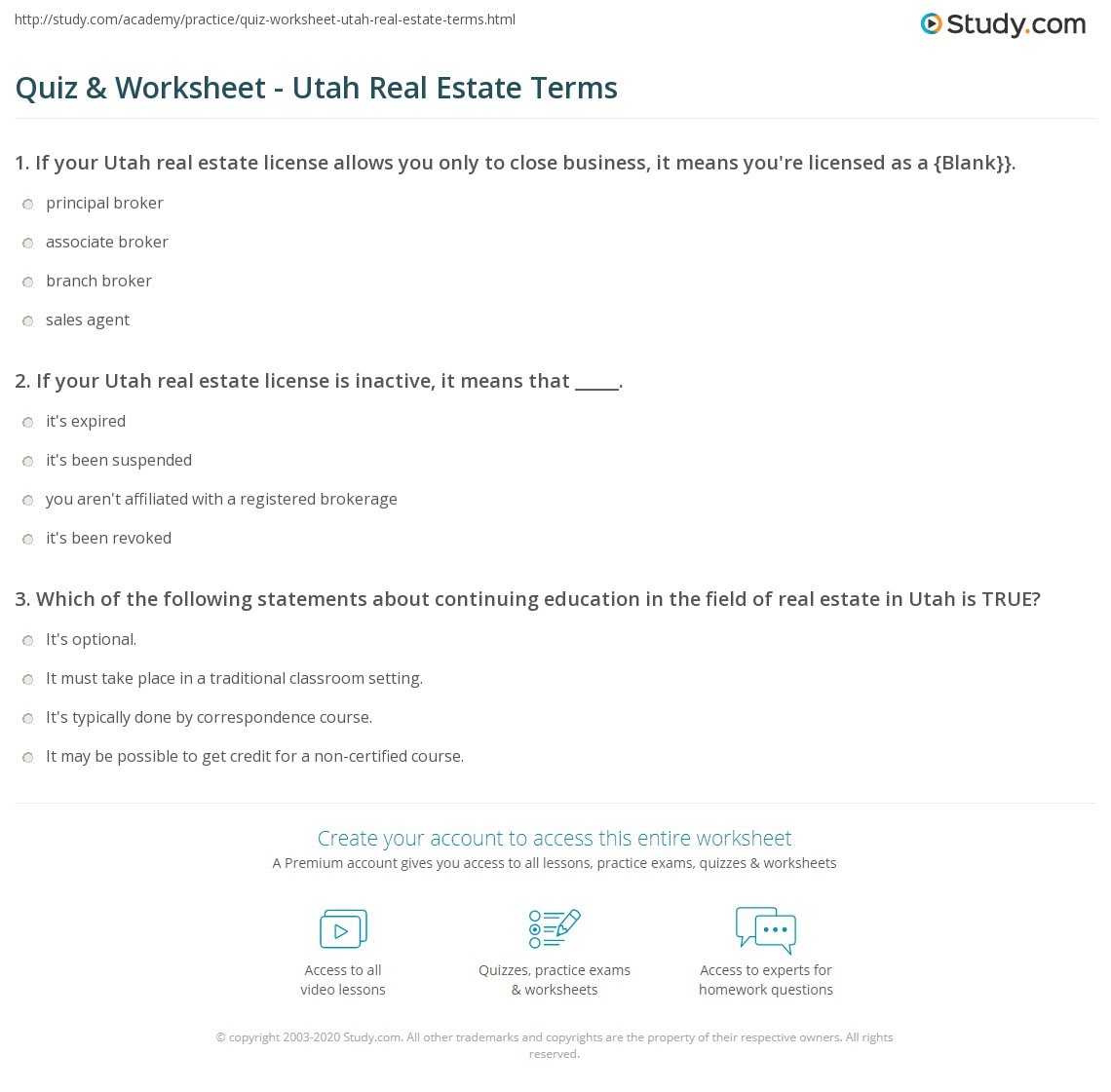 Quiz & Worksheet Utah Real Estate Terms