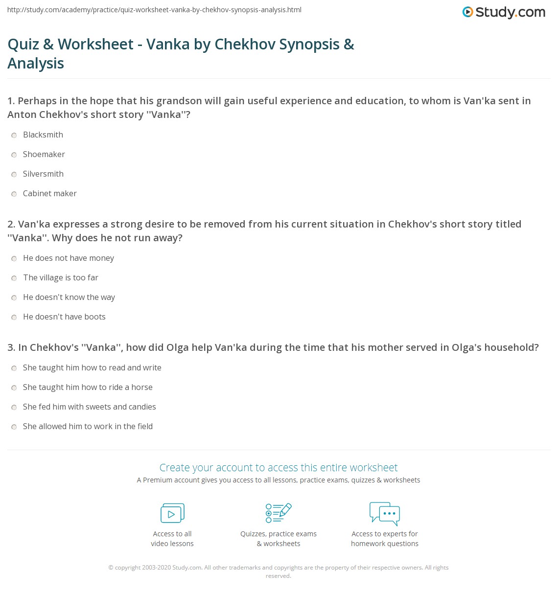 Quiz & Worksheet Vanka by Chekhov Synopsis & Analysis