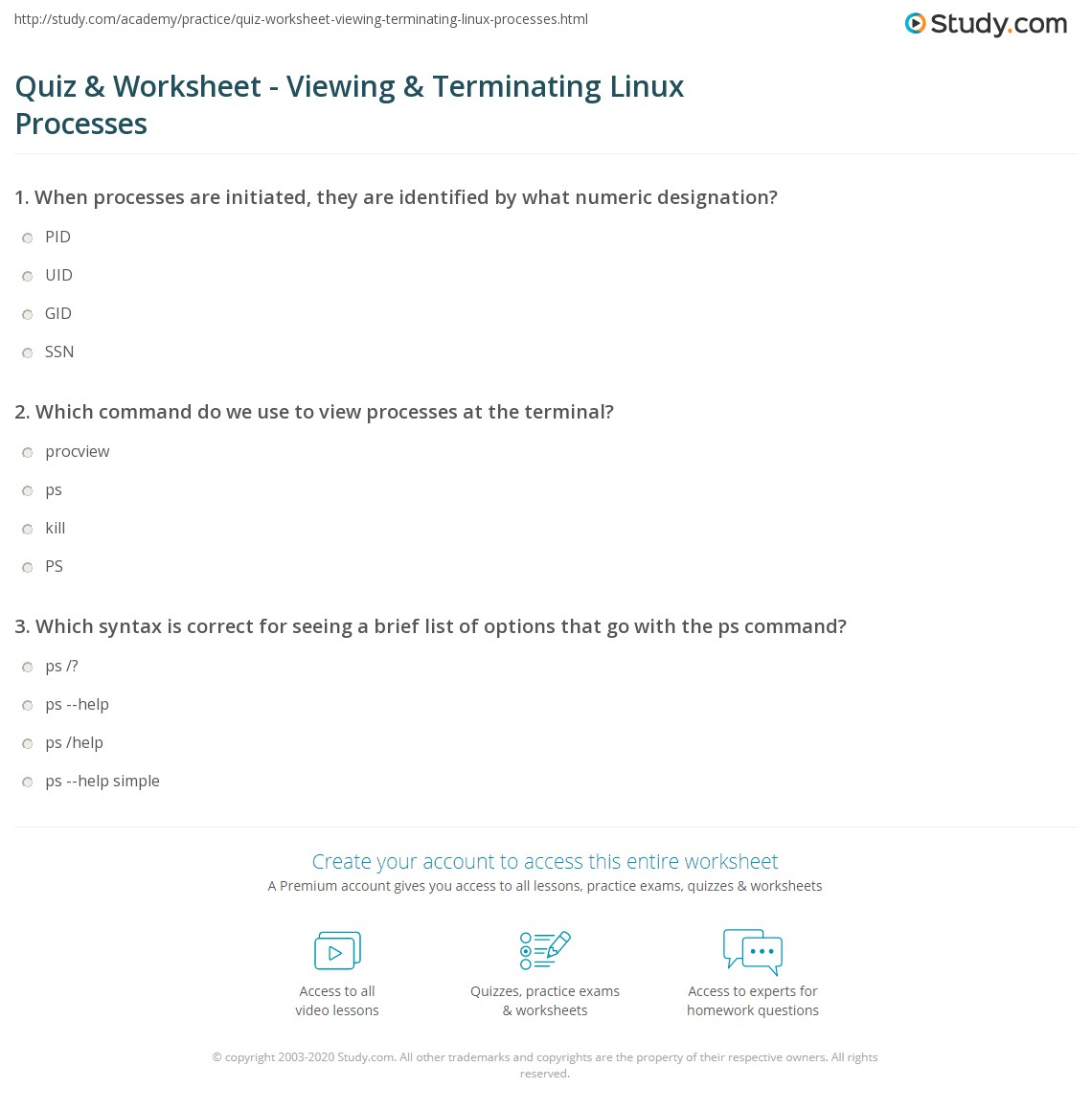 Quiz & Worksheet - Viewing & Terminating Linux Processes | Study.com