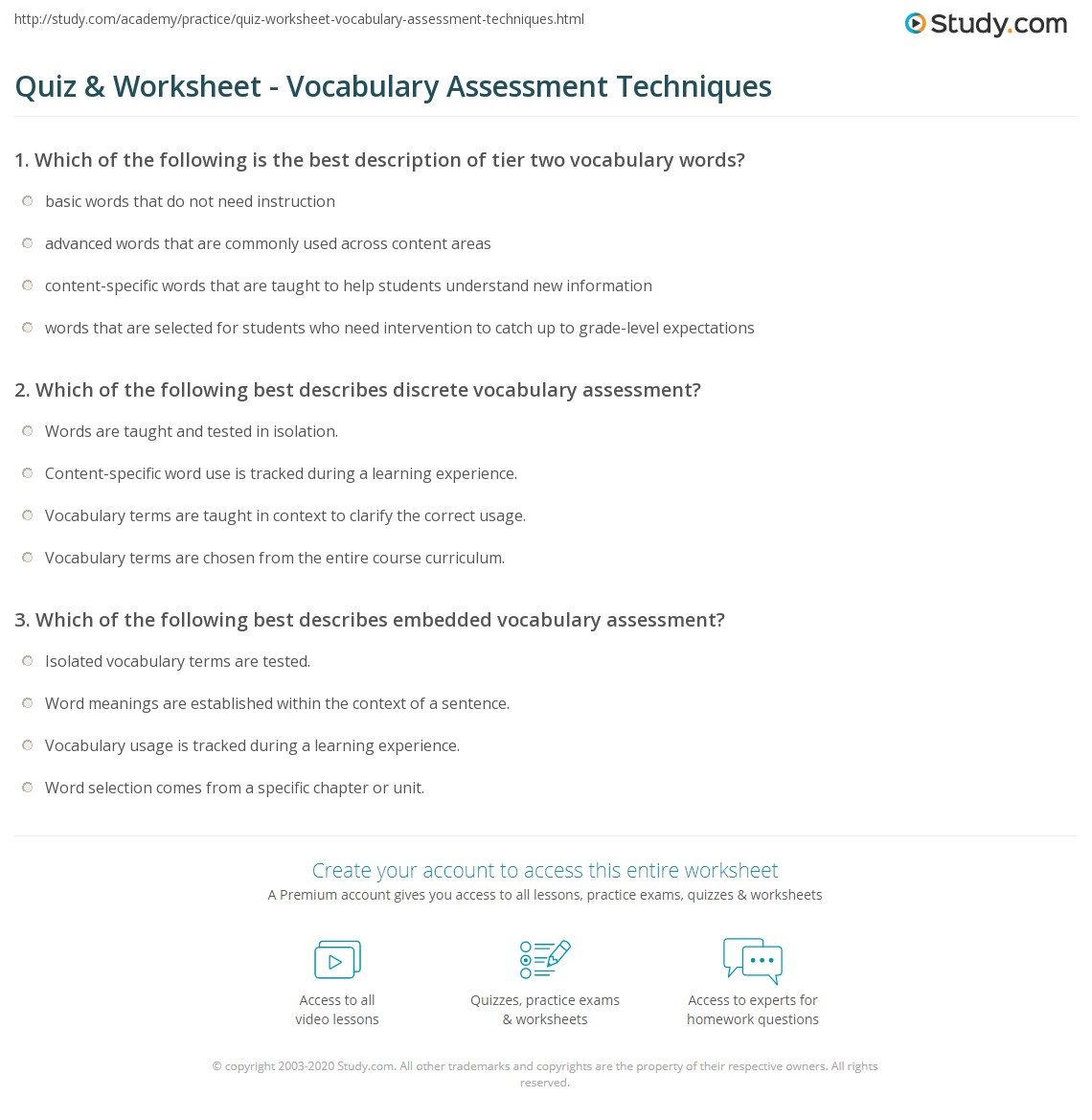 quiz worksheet vocabulary assessment techniques study com