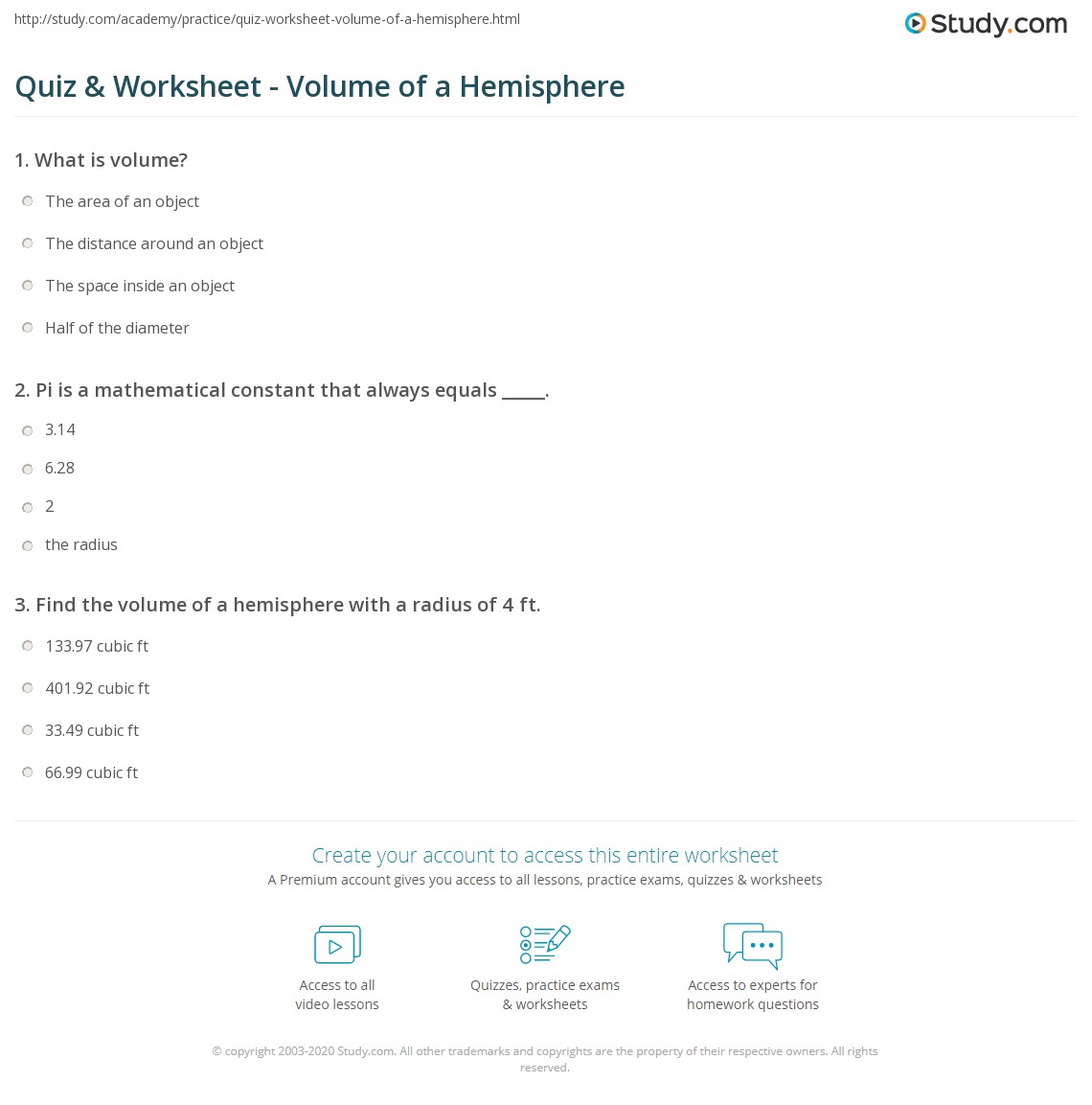 Quiz worksheet volume of a hemisphere study