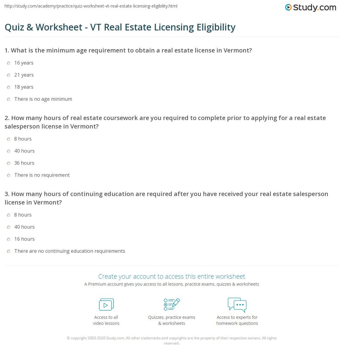 Quiz & Worksheet VT Real Estate Licensing Eligibility