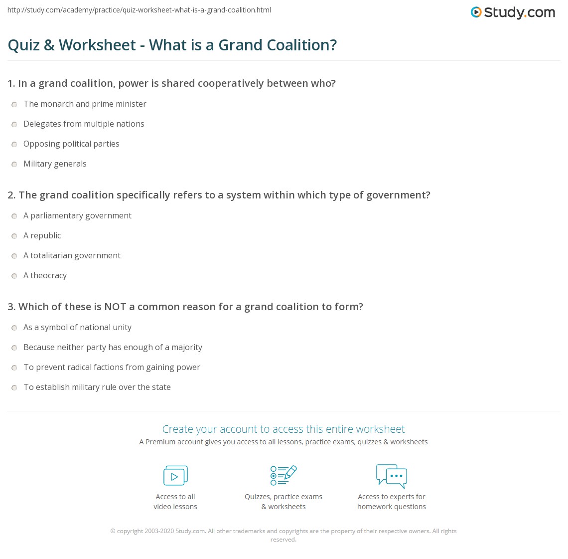 Quiz & Worksheet - What is a Grand Coalition? | Study.com