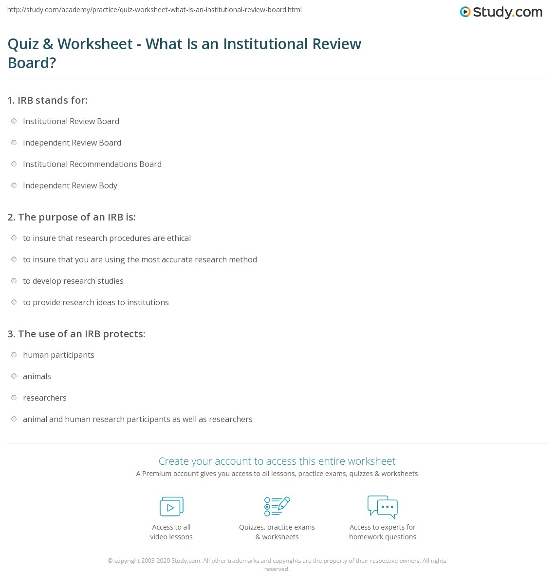 Quiz & Worksheet - What Is an Institutional Review Board? | Study.com