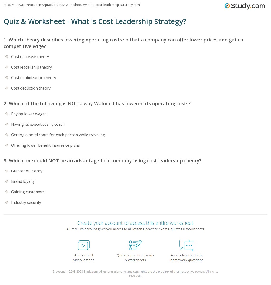 Quiz & Worksheet What is Cost Leadership Strategy?