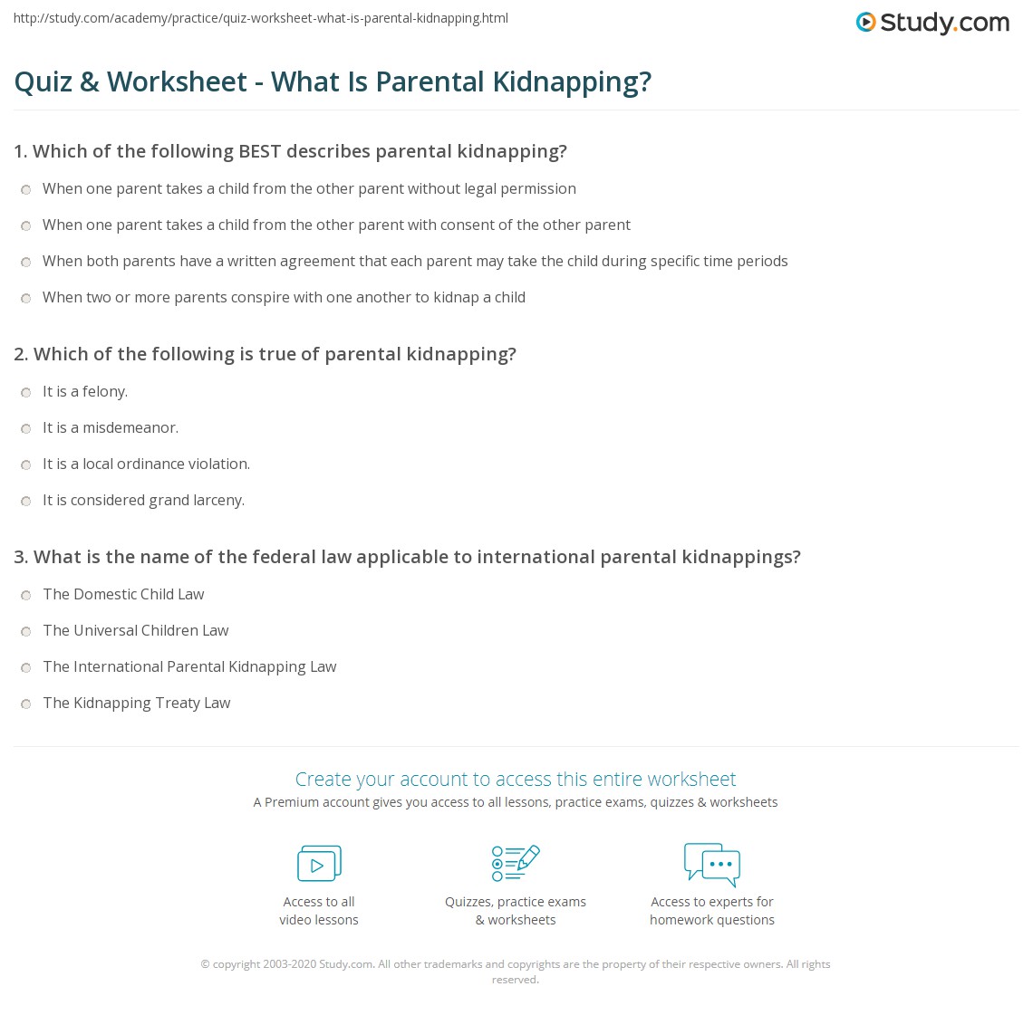 Quiz & Worksheet - What Is Parental Kidnapping? | Study.com