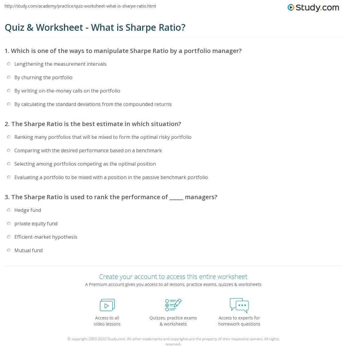 Quiz & Worksheet - What is Sharpe Ratio? | Study.com