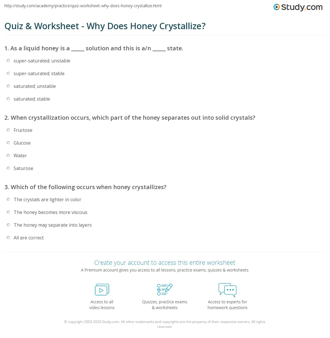 Quiz & Worksheet - Why Does Honey Crystallize? | Study.com