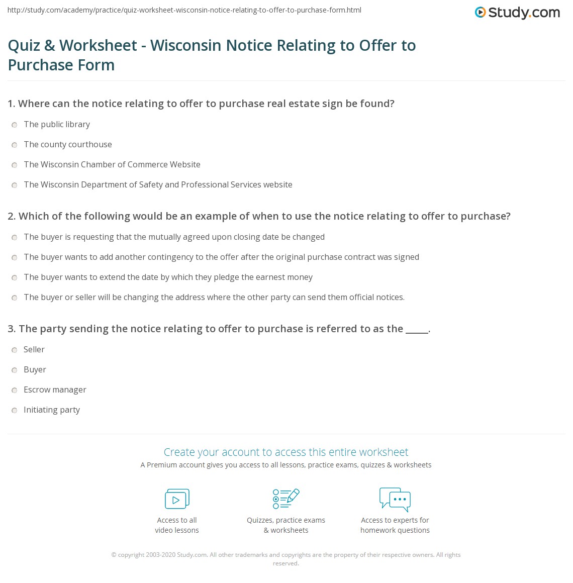 Quiz & Worksheet - Wisconsin Notice Relating to Offer to Purchase Form ...