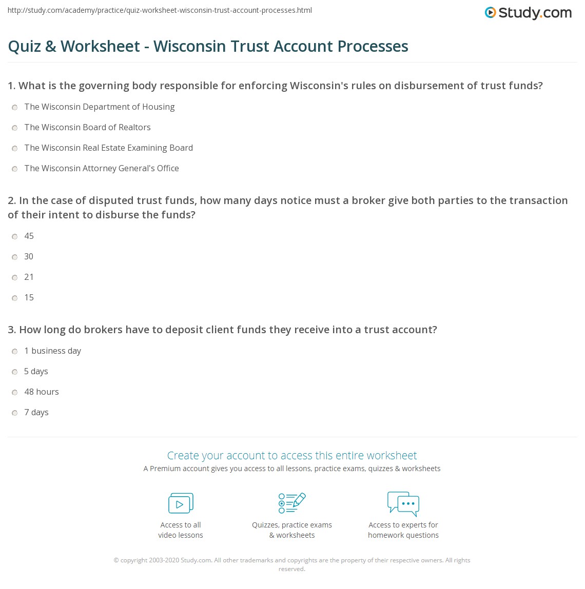 Quiz & Worksheet Wisconsin Trust Account Processes