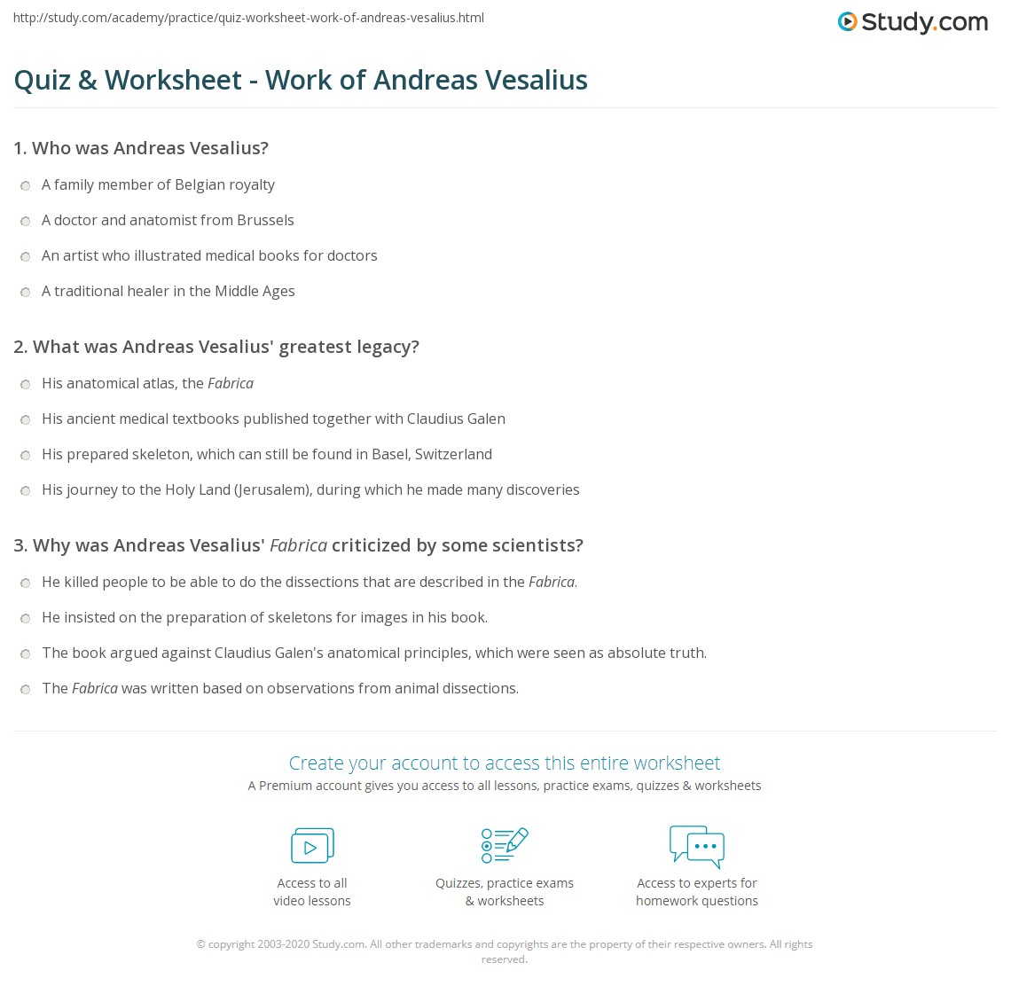 Quiz & Worksheet - Work of Andreas Vesalius | Study.com