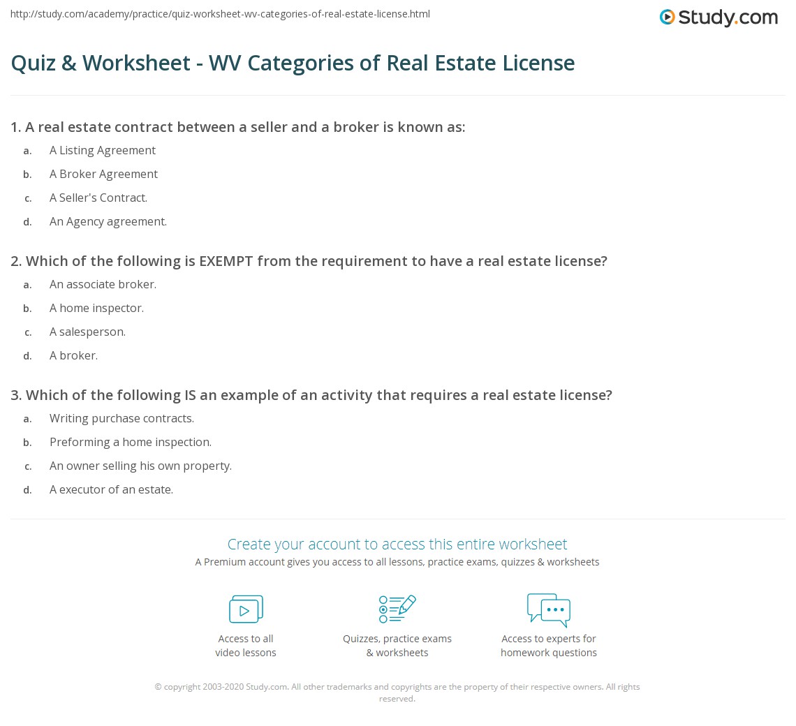 Quiz & Worksheet WV Categories of Real Estate License