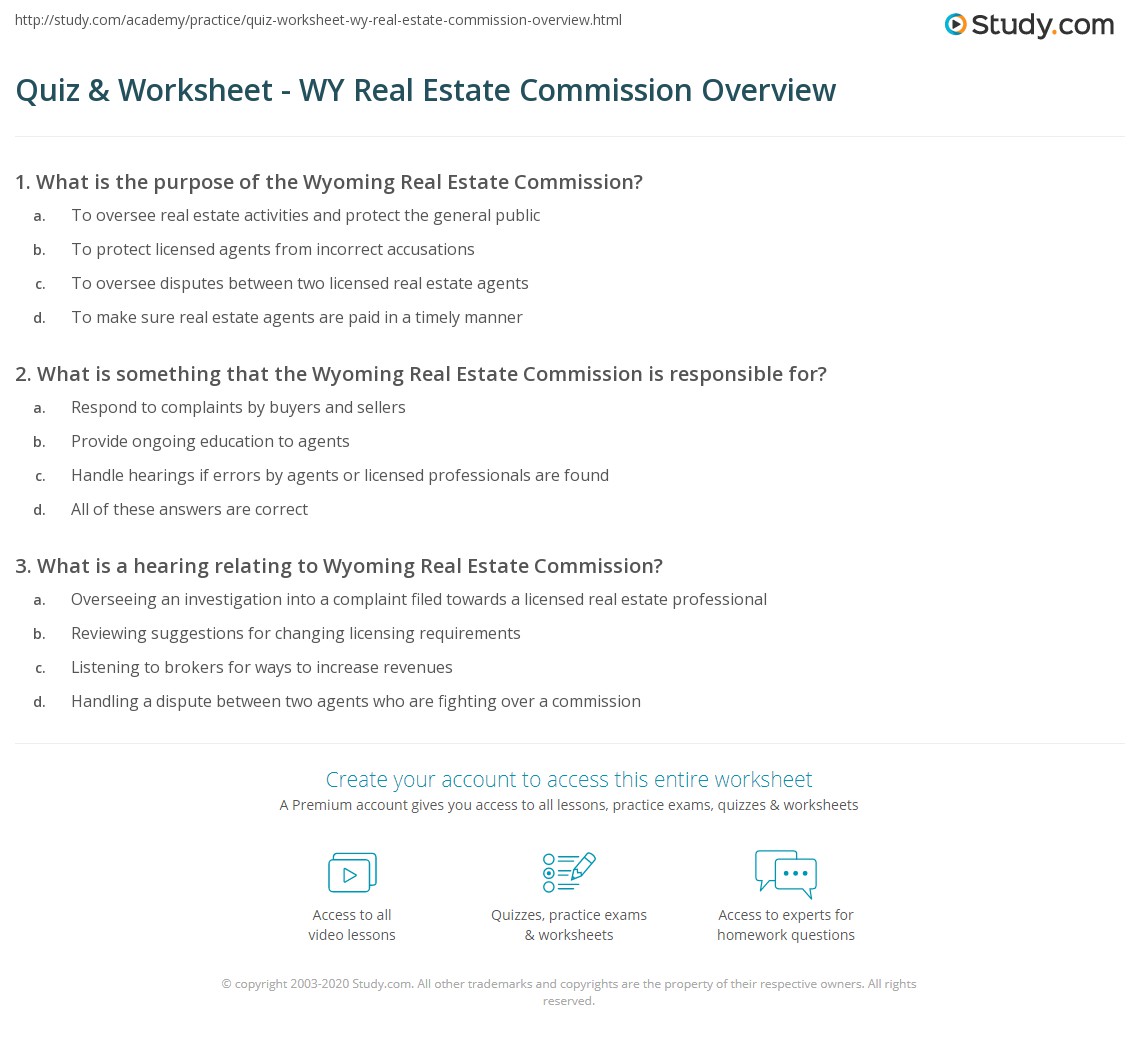 Quiz & Worksheet WY Real Estate Commission Overview