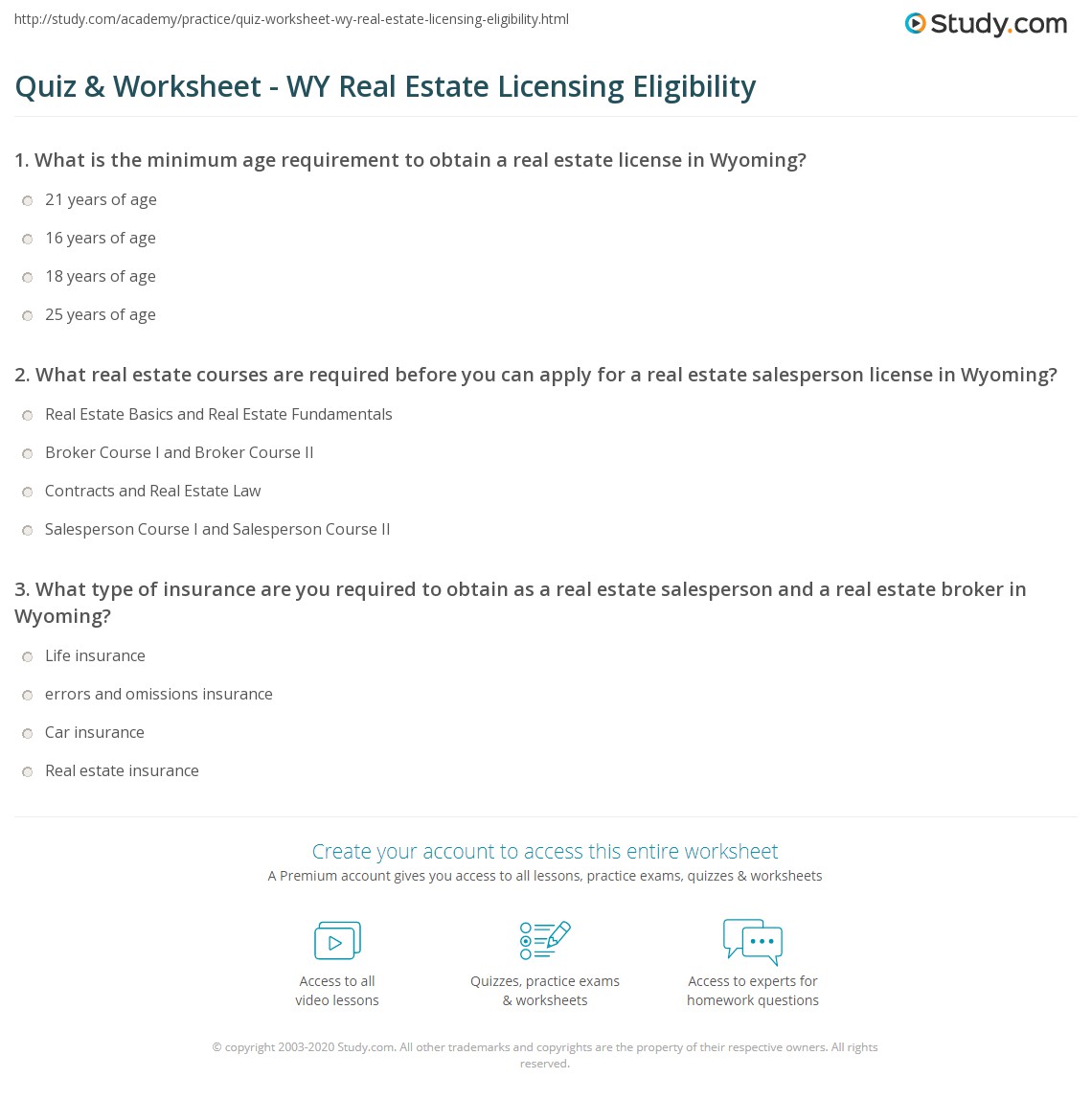 Quiz & Worksheet WY Real Estate Licensing Eligibility