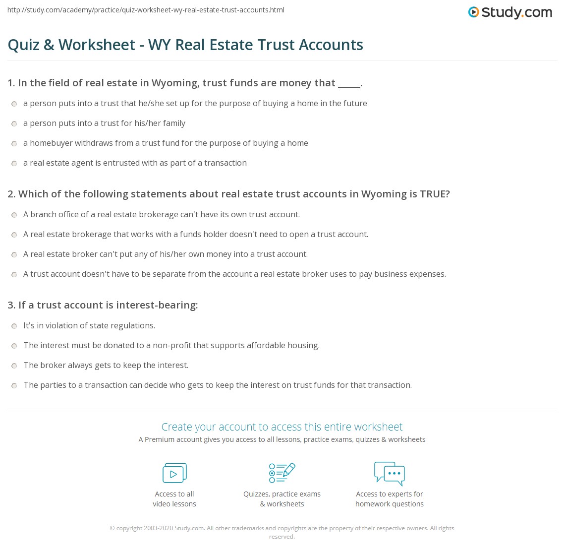 Quiz & Worksheet WY Real Estate Trust Accounts