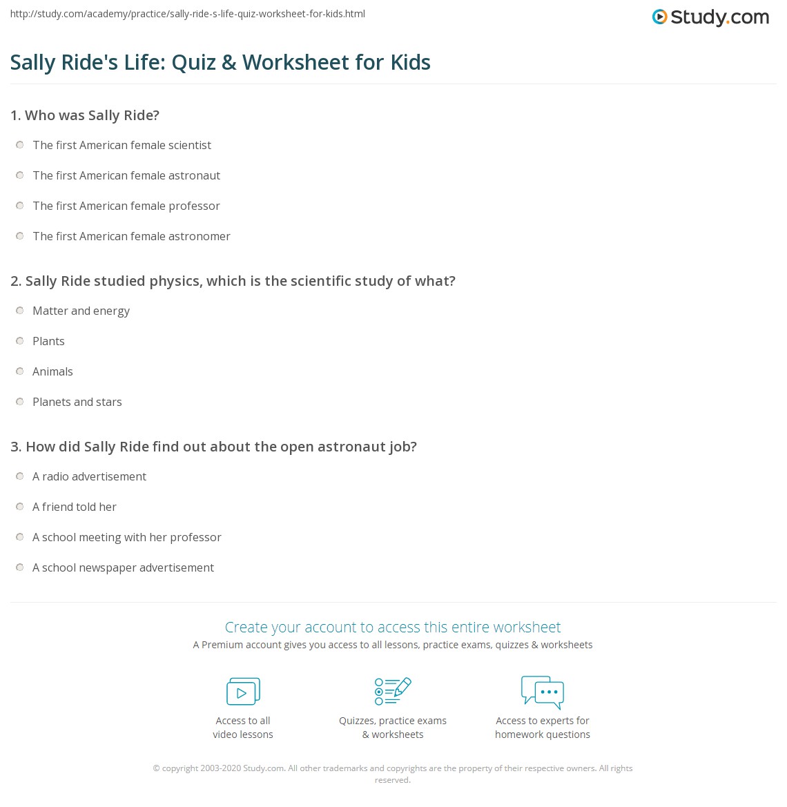 Sally Ride s Life Quiz Worksheet For Kids Study