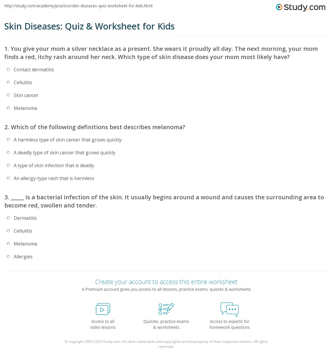 Skin Diseases Quiz Worksheet For Kids Study