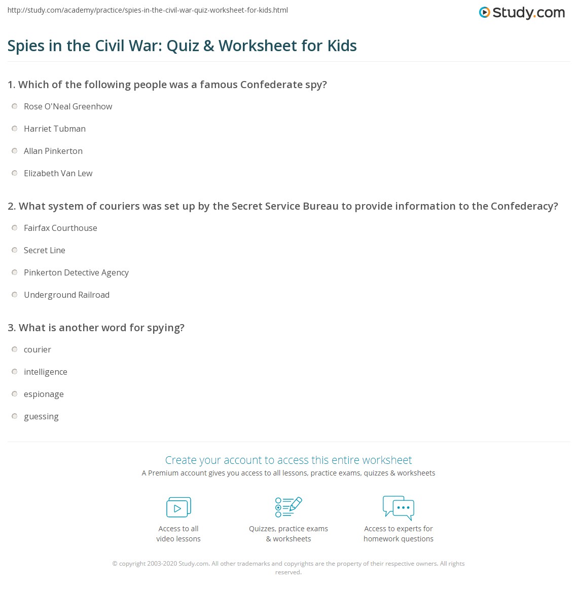 Spies in the Civil War: Quiz & Worksheet for Kids | Study.com
