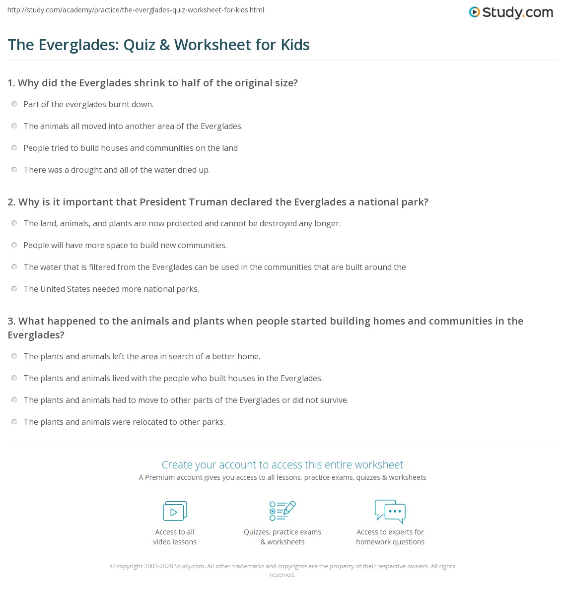 The Everglades Quiz Worksheet For Kids Study
