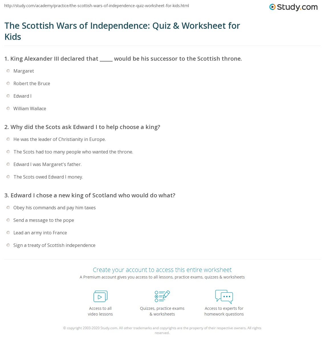 The Scottish Wars of Independence: Quiz & Worksheet for Kids | Study.com