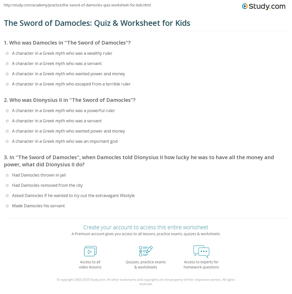 The Sword of Damocles: Quiz & Worksheet for Kids | Study.com