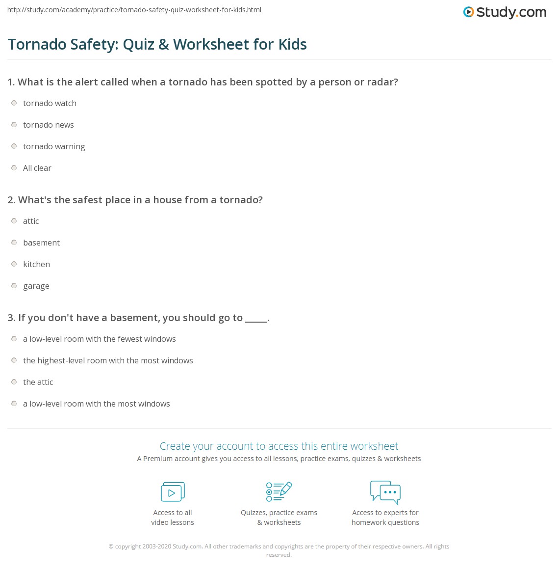 Tornado Safety Quiz Worksheet For Kids Study