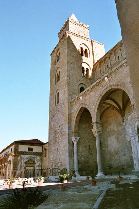Side view of the Cefalu Cathedral that shows some of the arches in the architecture of the cathedral